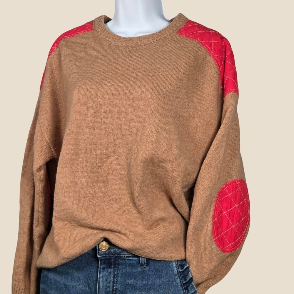 Boden Women Medium Quilted Patch Jumper Sweater 100% Wool Camel Brown Elbow Crew